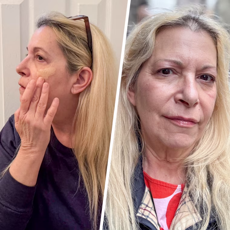 L’Oréal Lumi Le Glow Skin Tint before (left) and after (right) application.