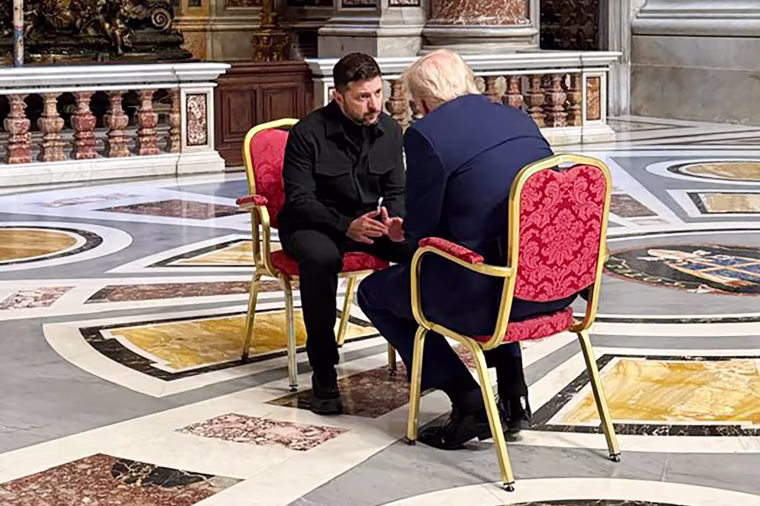 President Donald Trump and Ukrainian President Volodymyr Zelenskyy on the sidelines of Pope Francis’ funeral at the Vatican on Saturday.