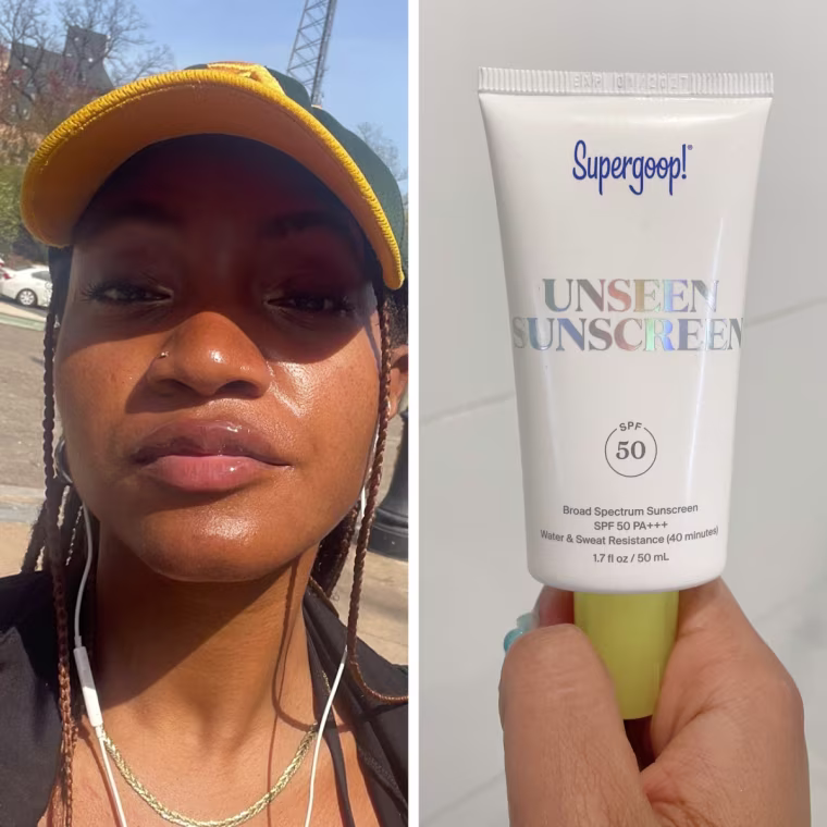 Left: NBC Select associate SEO reporter Ashley Morris standing outside, wearing a black sweater and a yellow and green baseball cap. Right: The Supergoop Unseen Sunscreen held in front of a white bathroom tiled wall.
