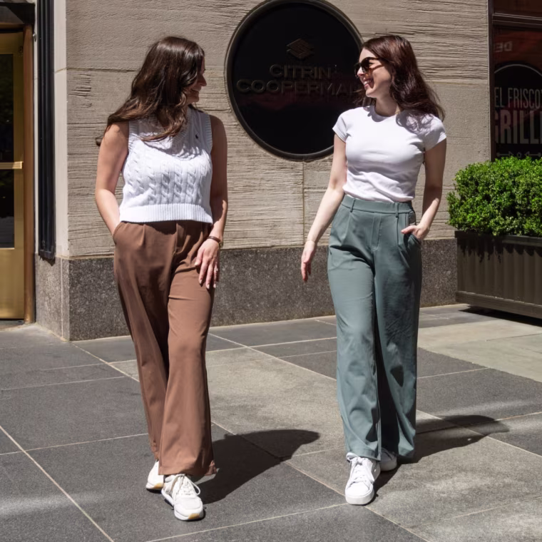 Halara High-Waisted Work Pants in Sepia (left) and Deep Aquamarine (right).