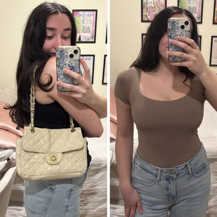 Left: Cusack in her bedroom mirror, wearing a light brown Aritzia t-shirt bodysuit and blue jeans. Right: Cusack in her bedroom mirror wearing a beige purse, a black top and blue jeans.