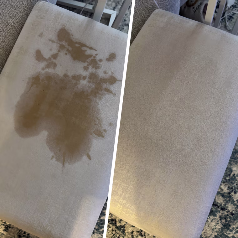 Oxiclean Maxforce Laundry Stain Remover Spray was used on a coffee spill on a white ottoman.