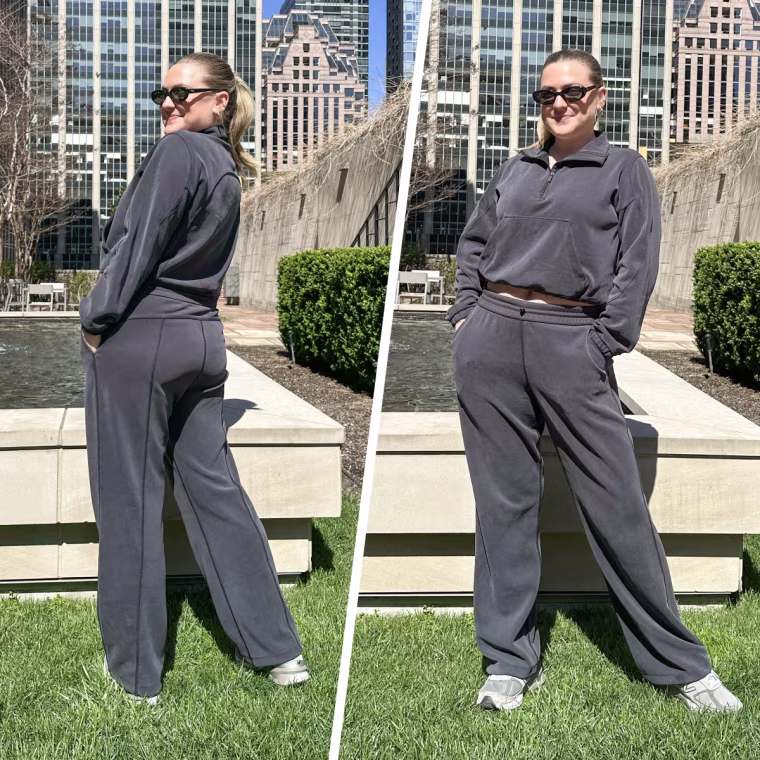 Production coordinator Camryn Privette tries the Lululemon Brushed Softstreme Half Zip and High-Rise Pant.