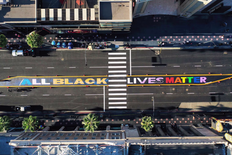 An aerial view the 'All Black Lives Matter' mural on Hollywood Boulevard