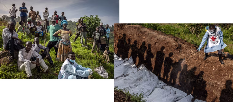 Residents watch a member of the Congolese Red Cross spraying disinfectant on body bags during a mass burial for victims in the eastern Congo city of Bukavu on Feb. 20.