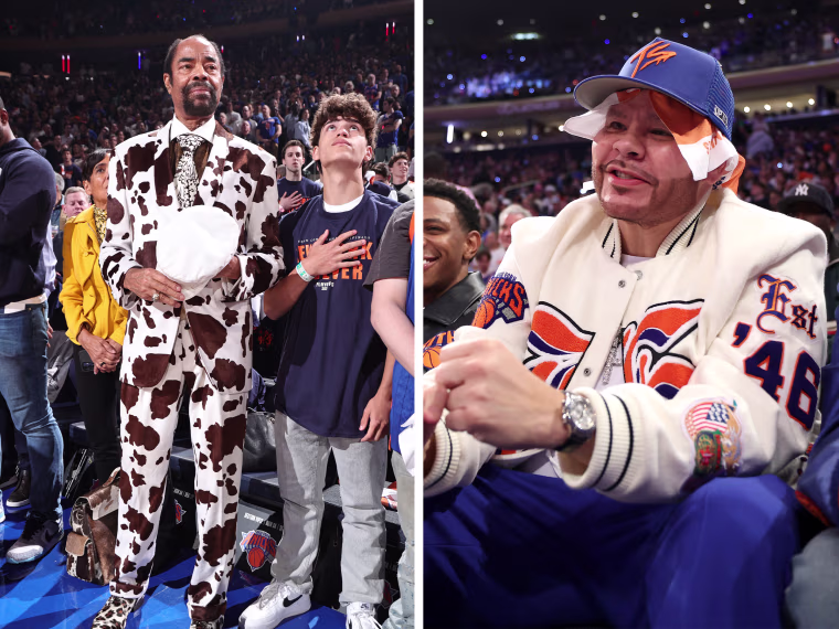 Knicks legend Walt Frazier and rapper Fat Joe sitting courtside at a postseason game at Madison Square Garden.