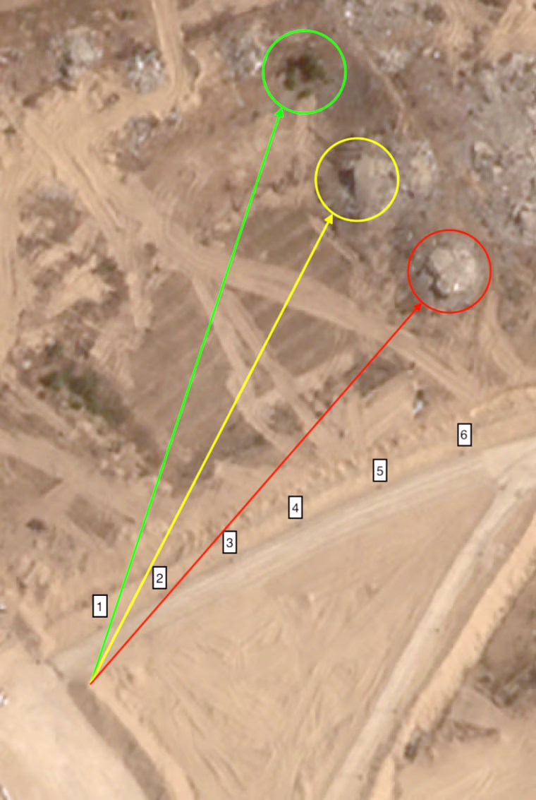 Three geographic markers, made up of a tree and two demolished buildings, can be clearly seen between light poles 1 and 2 and between poles 2 and 3 in both the video and in satellite imagery from Planet Labs.