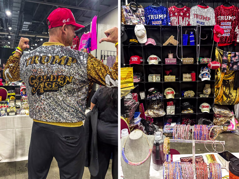 Jason Jisa, national sales rep for the USA Trump Store, models a Trump-themed sequin jacket at the Bitcoin 2025 conference in Las Vegas on May 27, 2025.