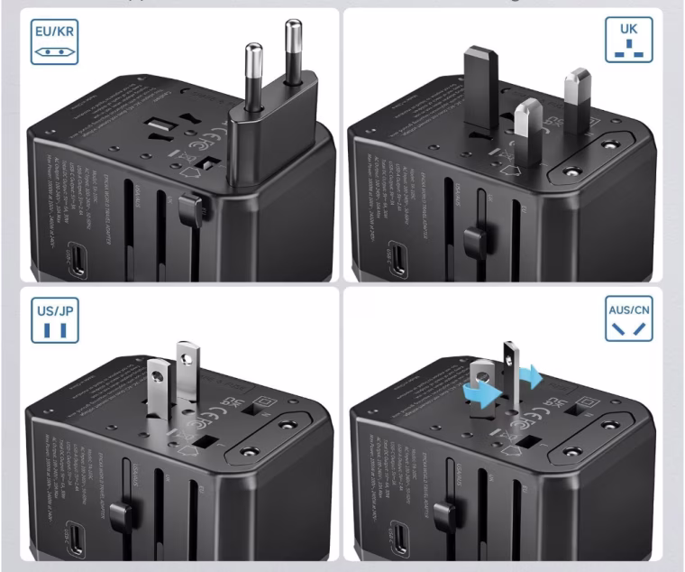 A split image of a universal power adapter, showing different plugs for different regions.