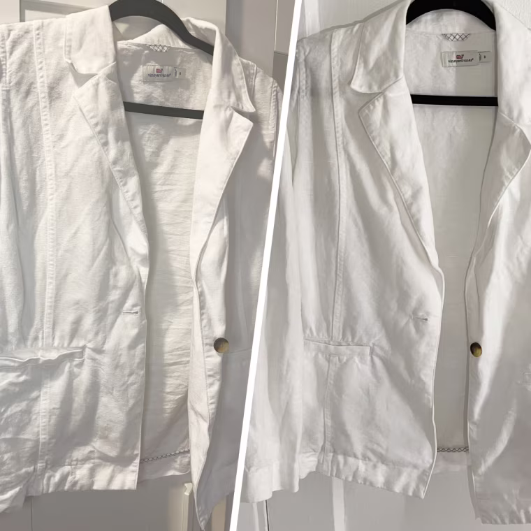 This photo showcases before vs. after the Cold Iron Wrinkle Release Spray was applied to this blazer.