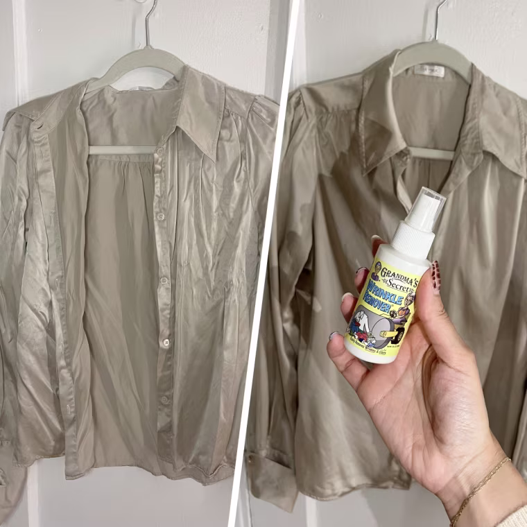 This photo showcases before vs. after the Grandma's Secret Wrinkle Remover was applied to this button-down shirt.