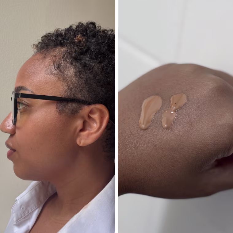 A woman wearing Ilia Super Serum Skin Tint SPF 40 on her face, left, and a few drops of the product on her hand, right.
