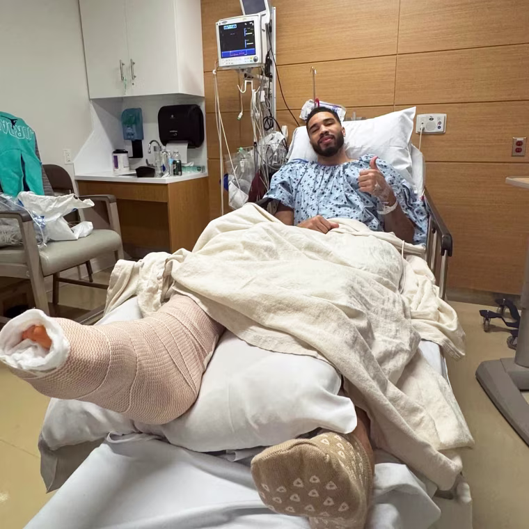 Jayson Tatum in the hospital after his season-ending injury May 14.