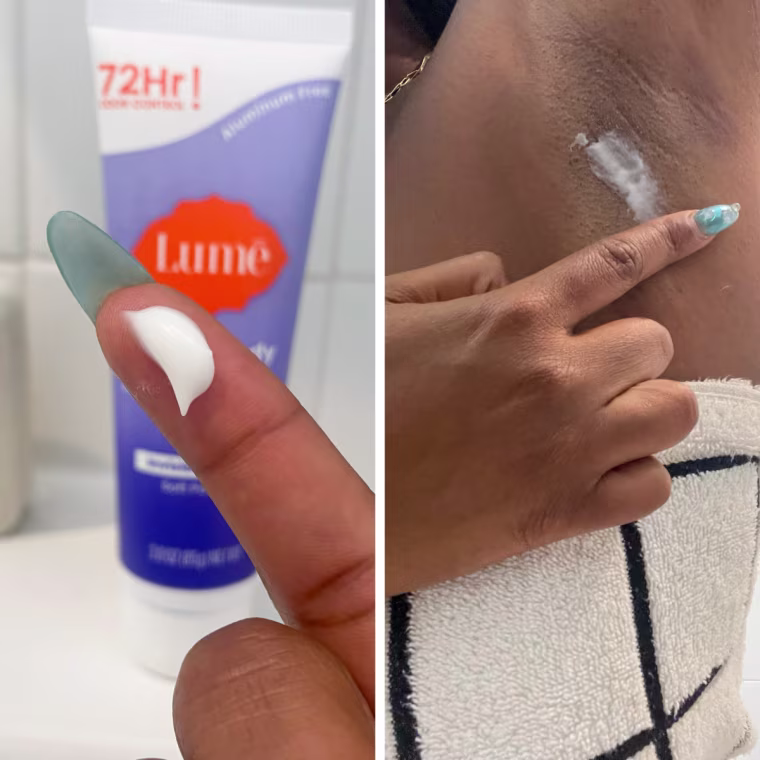 Left: a finger with a small dollop of Lume Whole Body Deodorant on the tip, in front of a sink with a Lume Whole Body Deodorant tube in the background.
Right: Morris spreading the Lume Whole Body Deodorant across her armpit.