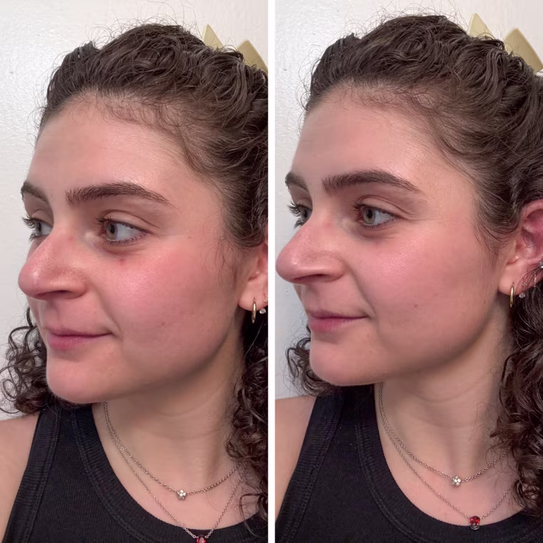A woman’s face before wearing Merit’s The Uniform Tinted Mineral SPF 45, left, and after, right.
