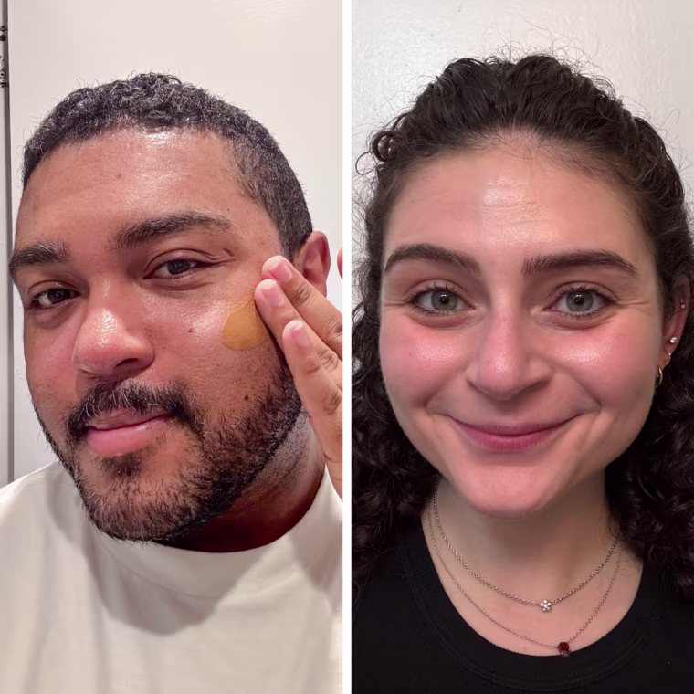A man applying Merit The Uniform tinted sunscreen, left, and a woman wearing the product on her face, right.