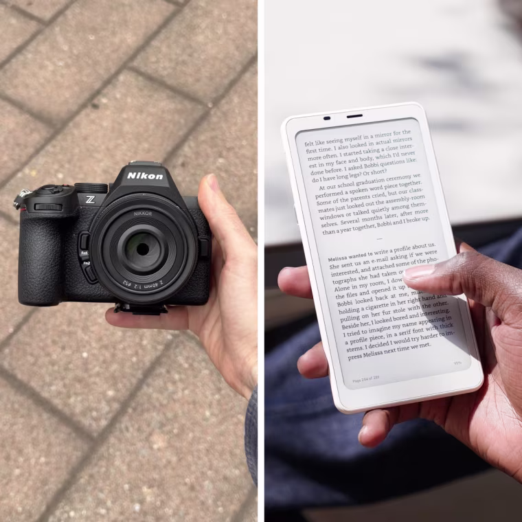 A split image: on the left, a close-up of the Nikon Z5II, on the right, a man holding a Boox Palma 2 outside.