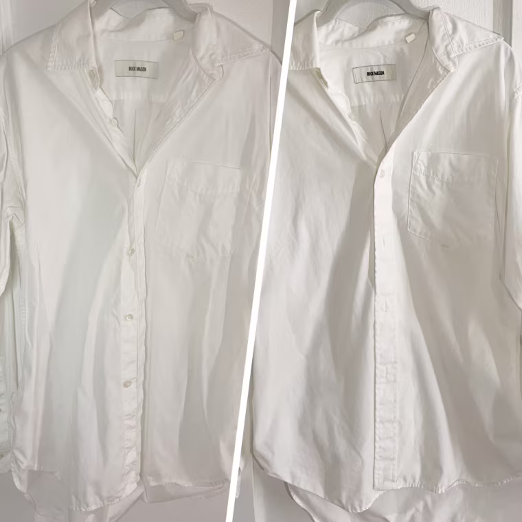 This picture showcases before and after the Faultless ReWear Dry Wash Spray was applied to the button-down shirt.