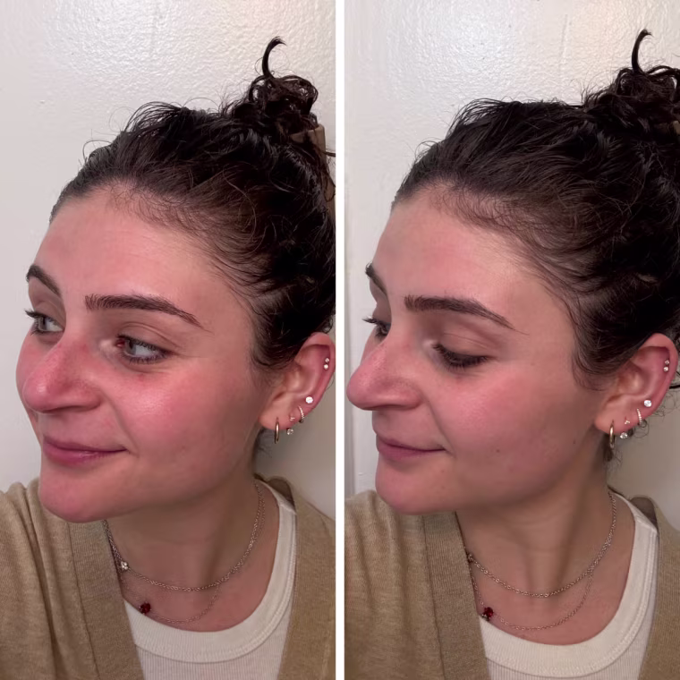 A woman’s face before applying Supergoop! Protec(tint) Daily Tint SPF 50, left, and after, right.