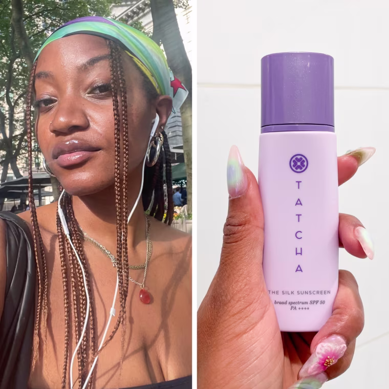 Left: Hand holding Tatcha The Silk Sunscreen against tiled bathroom wall. Right: Morris wearing Tatcha The Silk Sunscreen, wearing earphones and a multicolored bandana in a park.