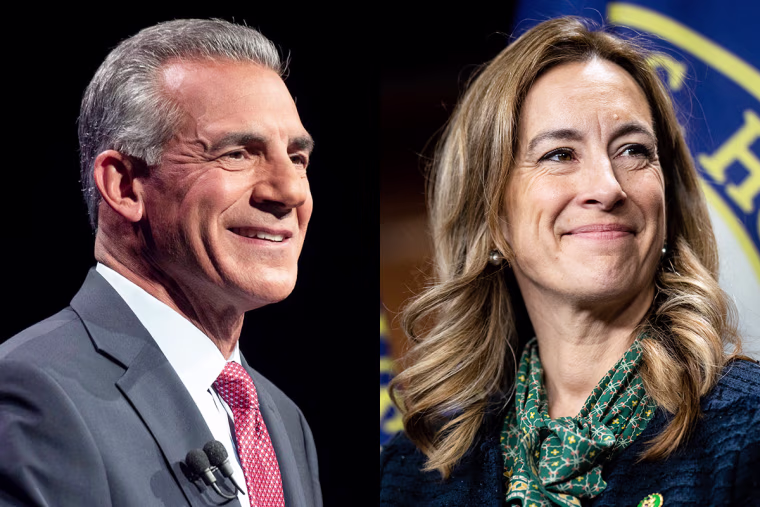A split composite image of Jack Ciattarelli, left, and Mikie Sherrill
