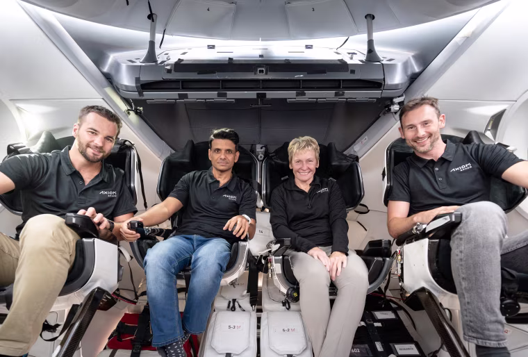From left, Ax-4 crew members Tibor Kapu of Hungary, Indian Space Research Organization astronaut Shubhanshu Shukla, former NASA astronaut Peggy Whitson and European Space Agency astronaut Sławosz Uznański-Wiśniewski of Poland.