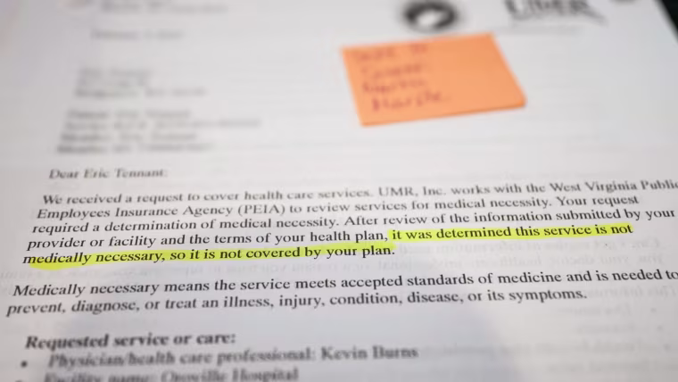 A letter denying health insurance coverage for a procedure