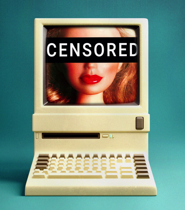 Photo illustration of a woman's face on a computer screen with a "CENSORED" bar over the screen 