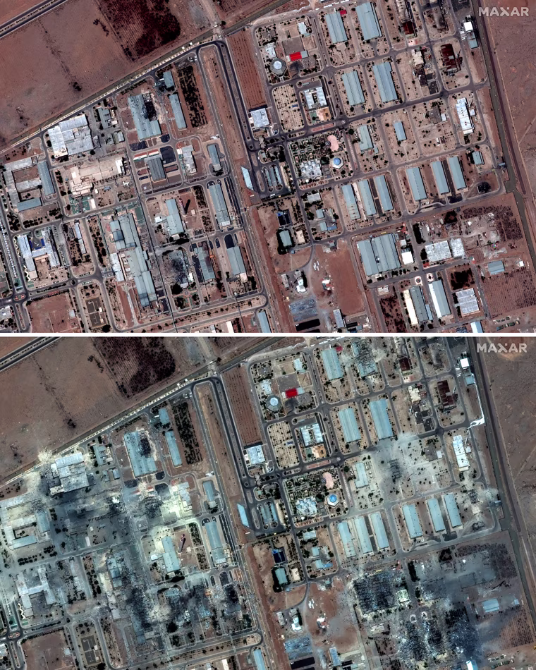 The Isfahan nuclear enrichment facility on June 16, top, and Sunday after it was hit by U.S. strikes.