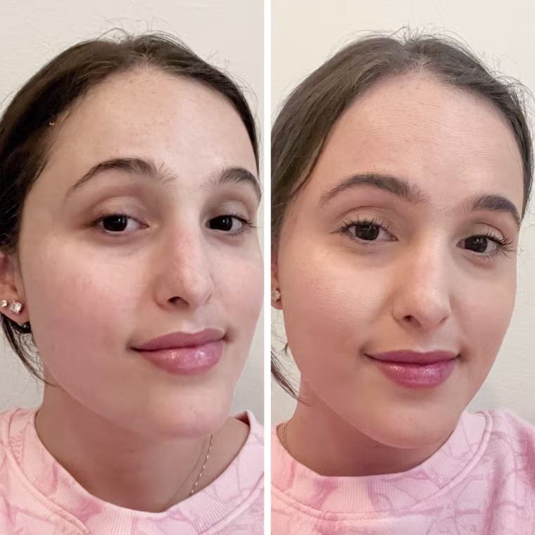 Side by side of woman with no makeup and same woman with the Armani Beauty foundation