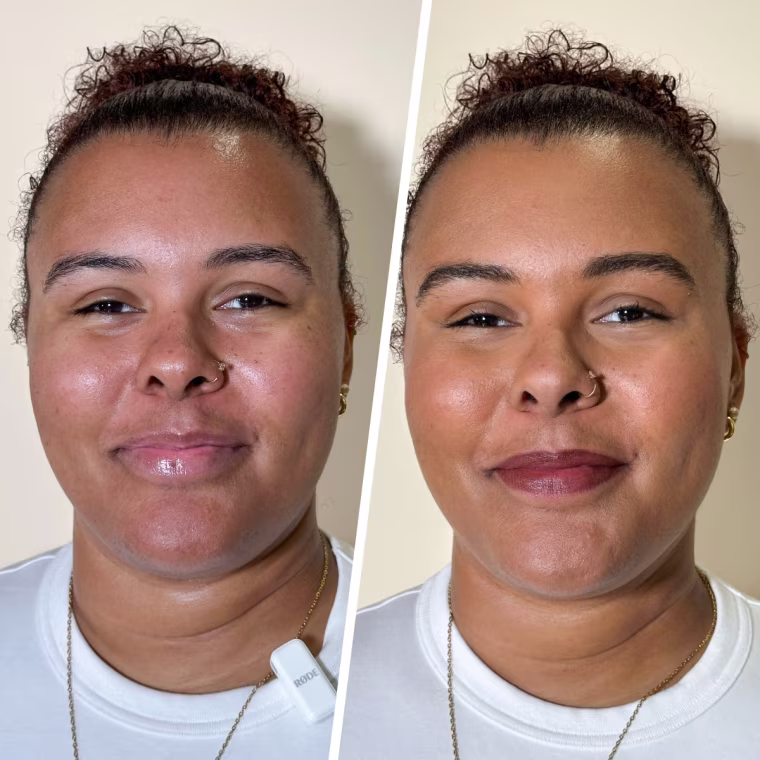 Before and after applying the MCoBeauty Flawless Glow Foundation and Maybelline Super Stay Teddy Lip Tint.