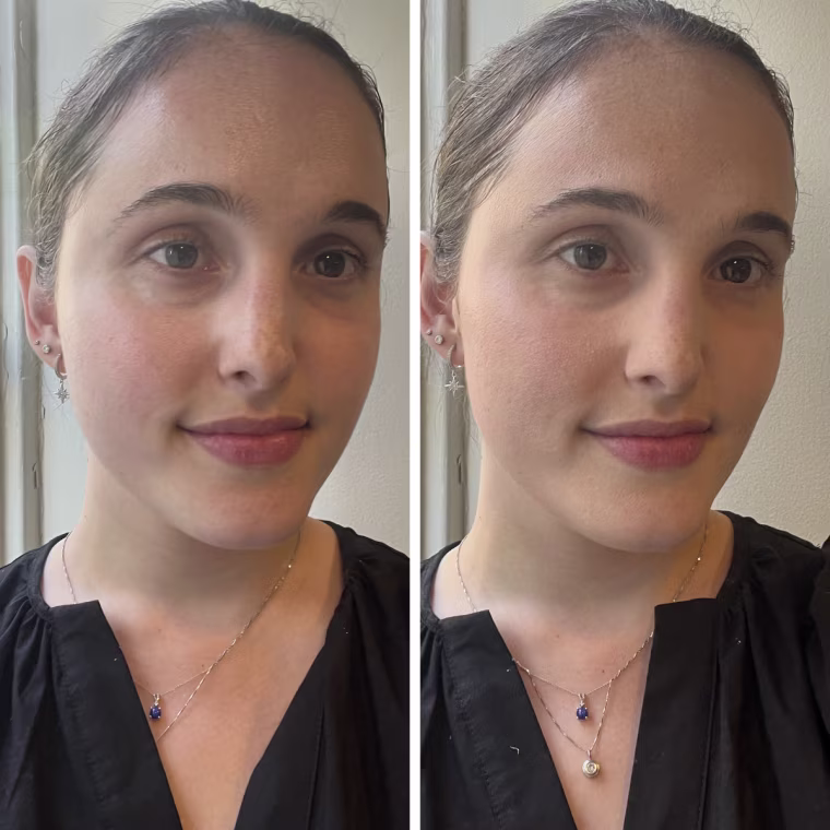Before of woman not wearing makeup and after of woman wearing Chanel foundation