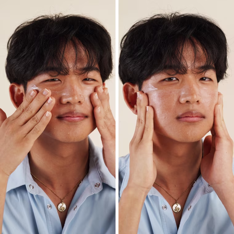 Two close-ups showing a man rubbing in a zinc oxide formula on his face.