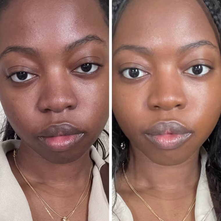 Side by side of woman with no makeup and same woman with the Glossier foundation