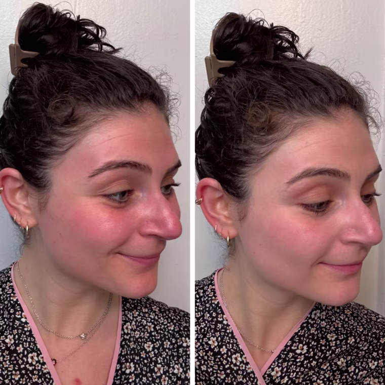 Side by side of woman with no makeup and same woman with the Glossier foundation