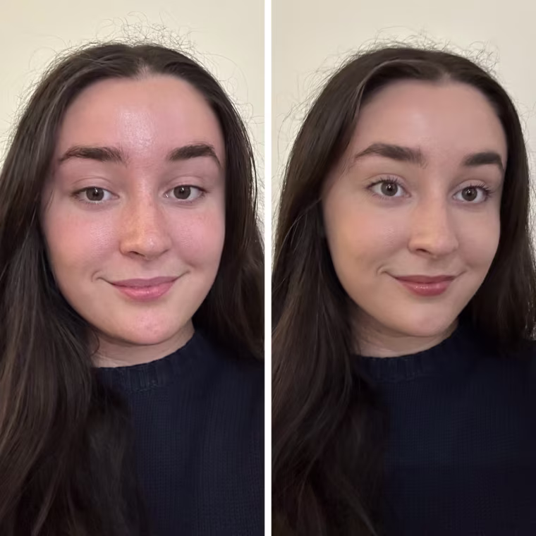 Before and after of woman not wearing makeup and wearing Huda Beauty foundation