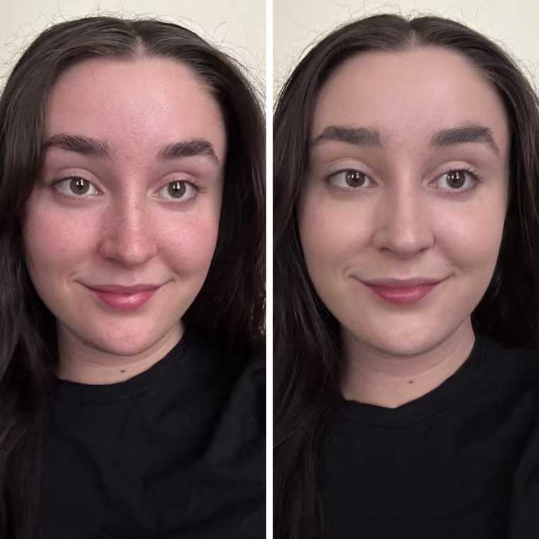 Side by side image of woman not wearing foundation and wearing Make Up For Ever foundation.