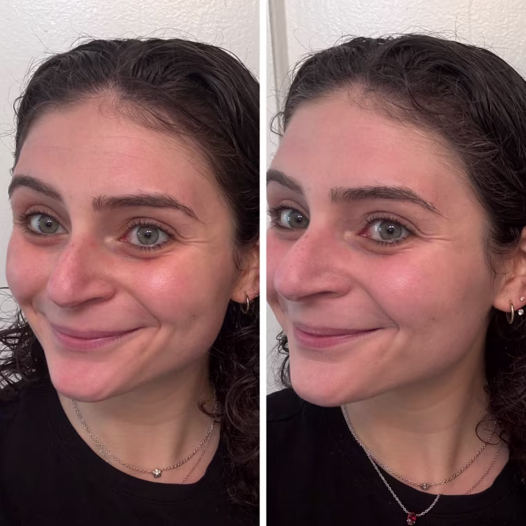 Side by side image of woman not wearing foundation and wearing Milk Makeup skin tint.