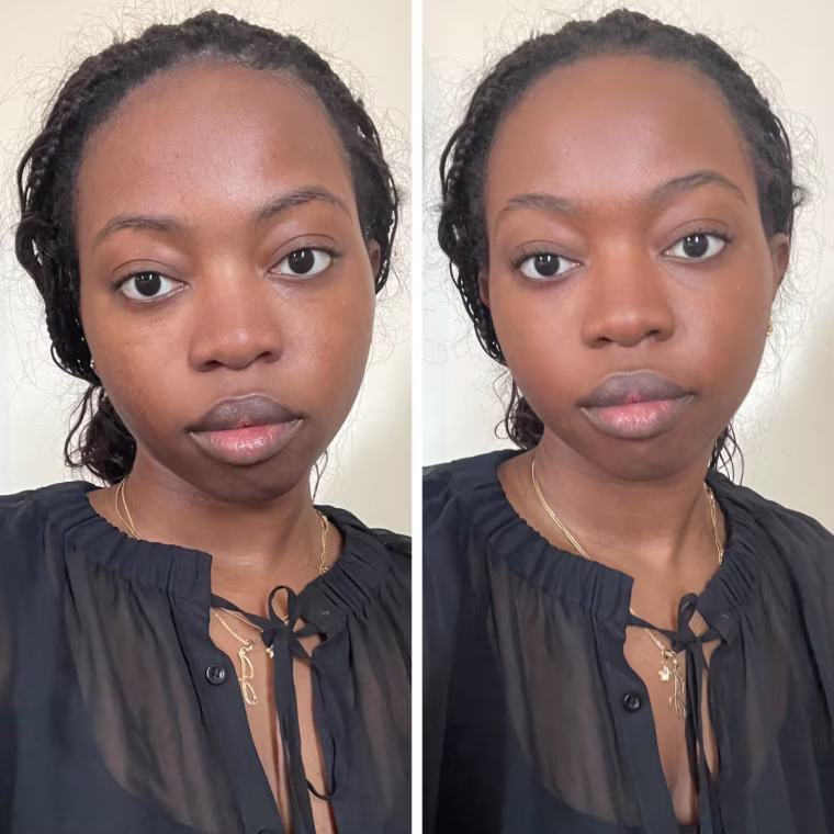 Side by side image of woman not wearing foundation and wearing Milk Makeup skin tint.