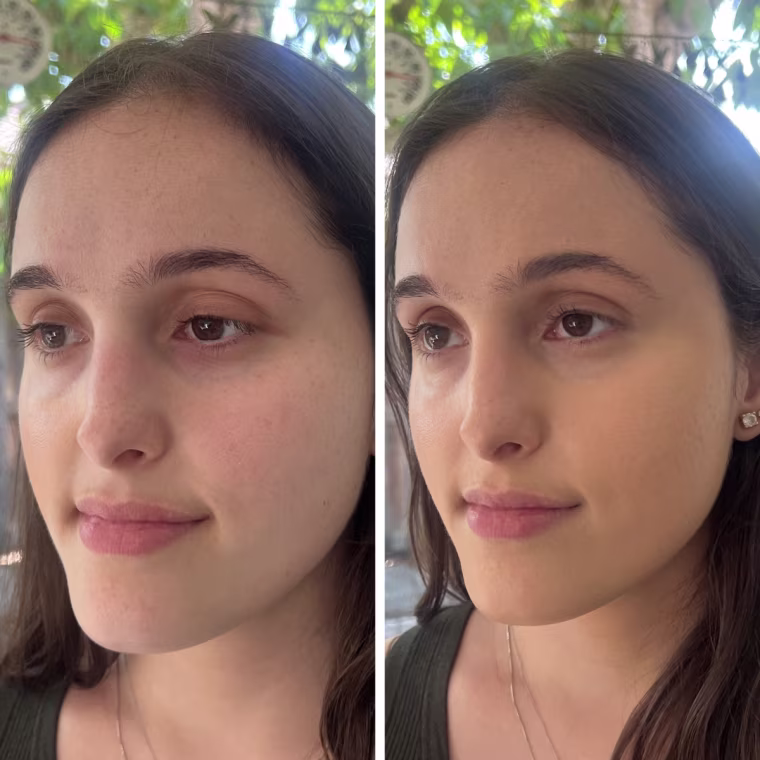 Before and after of woman wearing no makeup and same woman wearing Neutrogena foundation