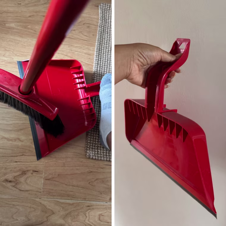 O-Cedar Pet Pro Broom with Step-On Dustpan on brown floor