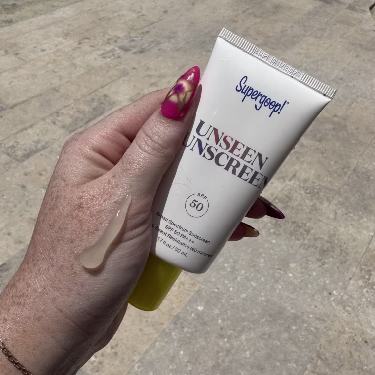 The clear formula ensures no white cast when applying Supergoop's Unseen Sunscreen.