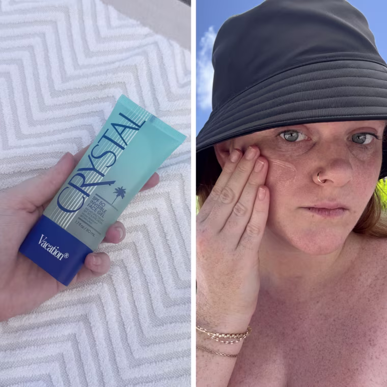 Vacation Crystal face gel formula and a woman blending in to her skin.