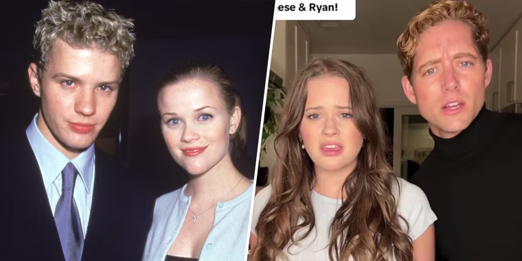 Ryan Phillippe and Reese Witherspoon in the 1990s (left); Their daughter Ava Phillippe and her boyfriend Dakota Brubaker in 2025 (right).