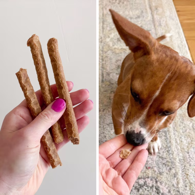 A hand holding three Wholehearted Soft & Slim Stick Treats, left, and a brown and white puppy getting a piece of the treat, right.