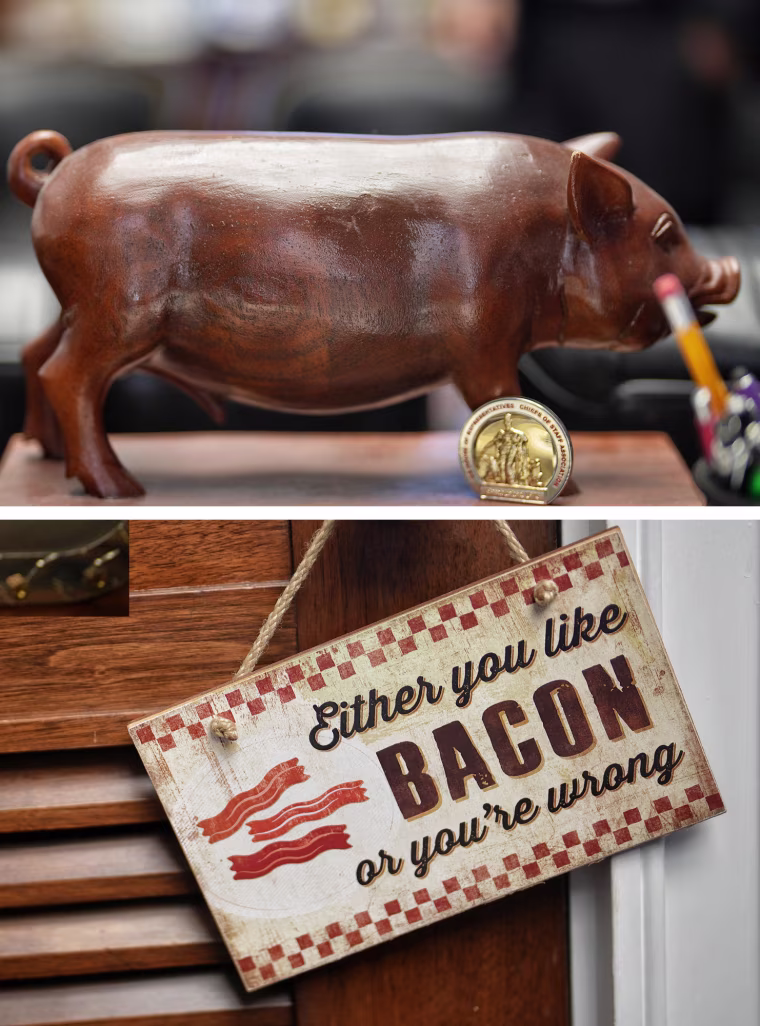 A diptych of a wooden pig and a sign that reads " Either you like bacon or you're wrong" in Don Bacon's office on Capitol Hill.