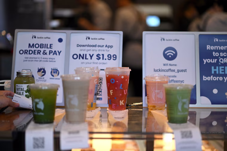 Drink orders ready for pickup or delivery inside one of the Manhattan Luckin shops on Monday.