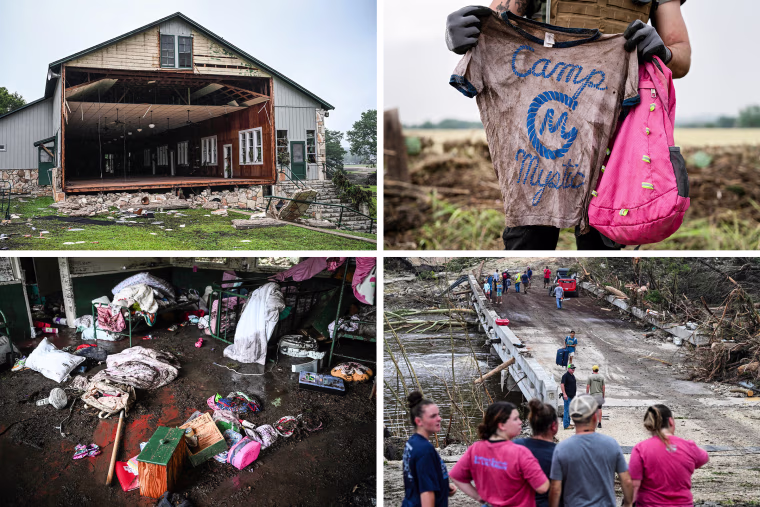 The site of Camp Mystic, where at least 20 girls went missing after flash flooding in Hunt, Texas. Search-and-rescue volunteers found belongings along the Guadalupe River.