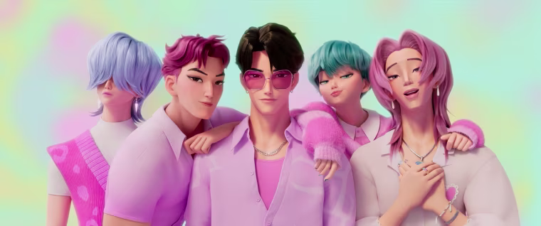 Five digitally animated men wearing pink and posing next to one another