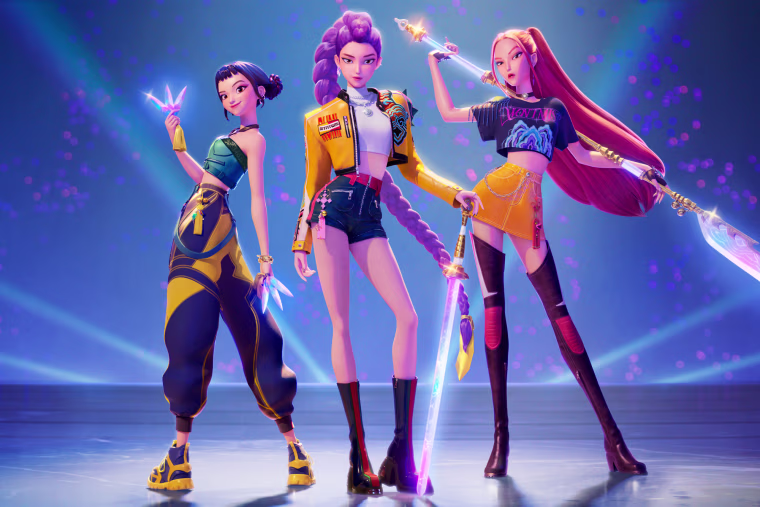 Zoey, Rumi, and Mira wield weapons next to one another